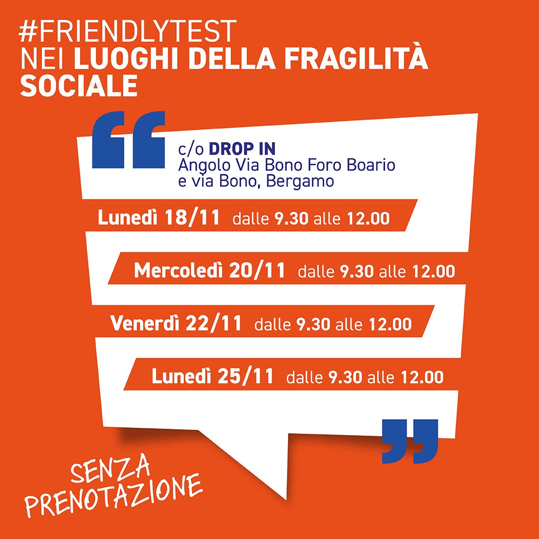 BergamoFriendlyTest (@friendly_test) on Twitter photo In partenza l'<a href="/EuroTestWeek/">European Testing Week</a>, dal 18/11 molte iniziative di sensibilizzazione e possibilità di effettuare il #FriendlyTest per HIV, HCV e Sifilide rapido, anonimo e gratuito.
📍 Lanceremo una nuova campagna di sensibilizzazione sul messaggio U=U: impossibile sbagliare!
Stay tuned! In partenza l'<a href="/EuroTestWeek/">European Testing Week</a>, dal 18/11 molte iniziative di sensibilizzazione e possibilità di effettuare il #FriendlyTest per HIV, HCV e Sifilide rapido, anonimo e gratuito.
📍 Lanceremo una nuova campagna di sensibilizzazione sul messaggio U=U: impossibile sbagliare!
Stay tuned!