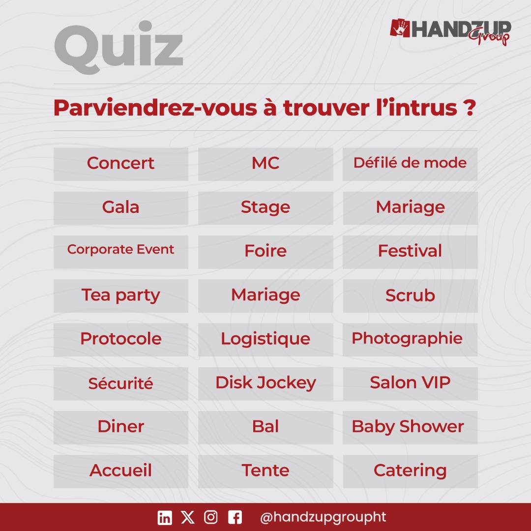 Sauriez-vous trouver l'intrus ?

Dites-nous en commentaire 👇🏾

#quiz #handzupgroup #haiti #event #eventplanning