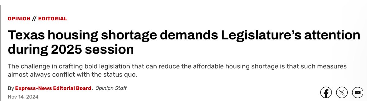 WE AGREE San Antonio Express Editorial Board. 💯

<a href="/ExpressNews/">San Antonio Express-News</a> 

Allowing onerous land use laws to kill the American Dream of Homeownership is a slap in the face of property rights, TX middle class and families. 🇺🇸 🏠 

“Doing nearly nothing for another legislative session
