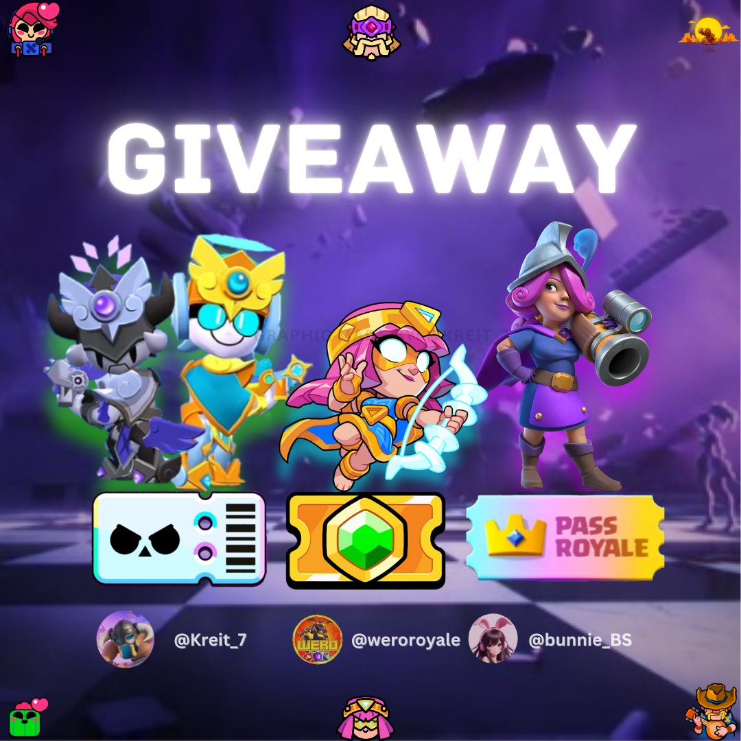 🎁 Giveaway 🎁

🏆 x3 Winners can choose between:

 ⭐ Brawl Pass Plus
 💎 Diamond Pass
 🎫 Gem Pass

Rules:

1- Like ❤️ &amp; Retweet ♻️
2- Follow : 
<a href="/Kreit_7/">Kreit</a> 
<a href="/weroroyale/">Wero</a> 
<a href="/bunnie_BS/">𝗯𝘂𝗻𝗻𝗶𝗲 ♡</a> 
3- Tag 1 Friend 💬
4- 🔔
Good Luck 🍀 Winner will be chosen in 7 days ⏰
#ClashRoyale #BrawlStars
