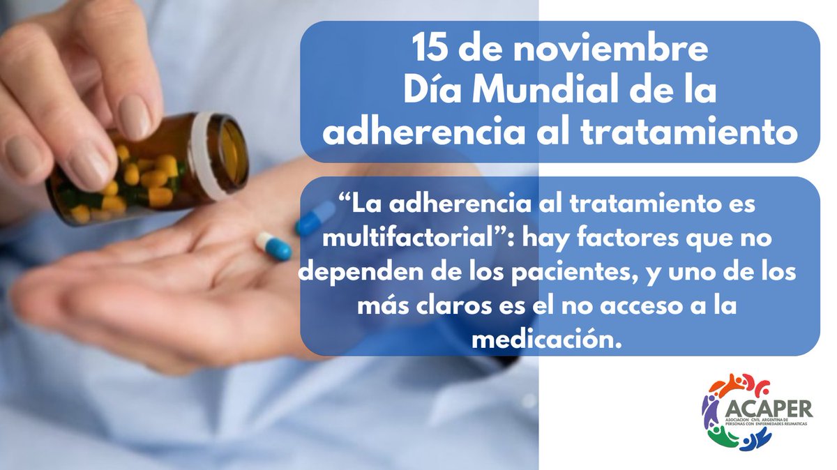 Hoy 15 de noviembre se celebra el “Día mundial de la adherencia al tratamiento” : grado en el que la persona se corresponde con las recomendaciones acordadas de un prestador de asistencia sanitaria.

#diamundialdelaadherenciaaltratamiento #hagamosvisibleloinvisible #somosacaper
