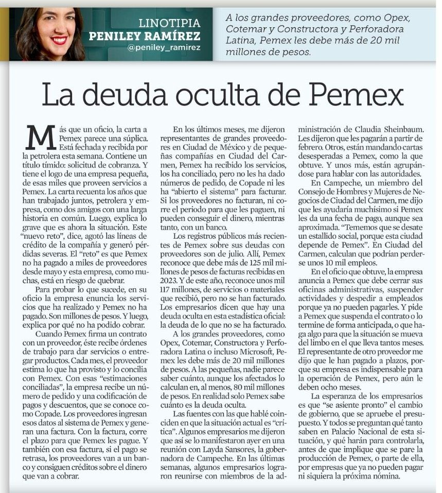 Gravísimo lo que pasa en Pemex, ya debería ser un escándalo. Desde mayo no han pagado a miles de proveedores. Le deben hasta a Microsoft. La situación es crítica. Octavio Romero dejó un desastre en Pemex, el mismo que Claudia Sheinbaum premió poniéndolo al frente del Infonavit.