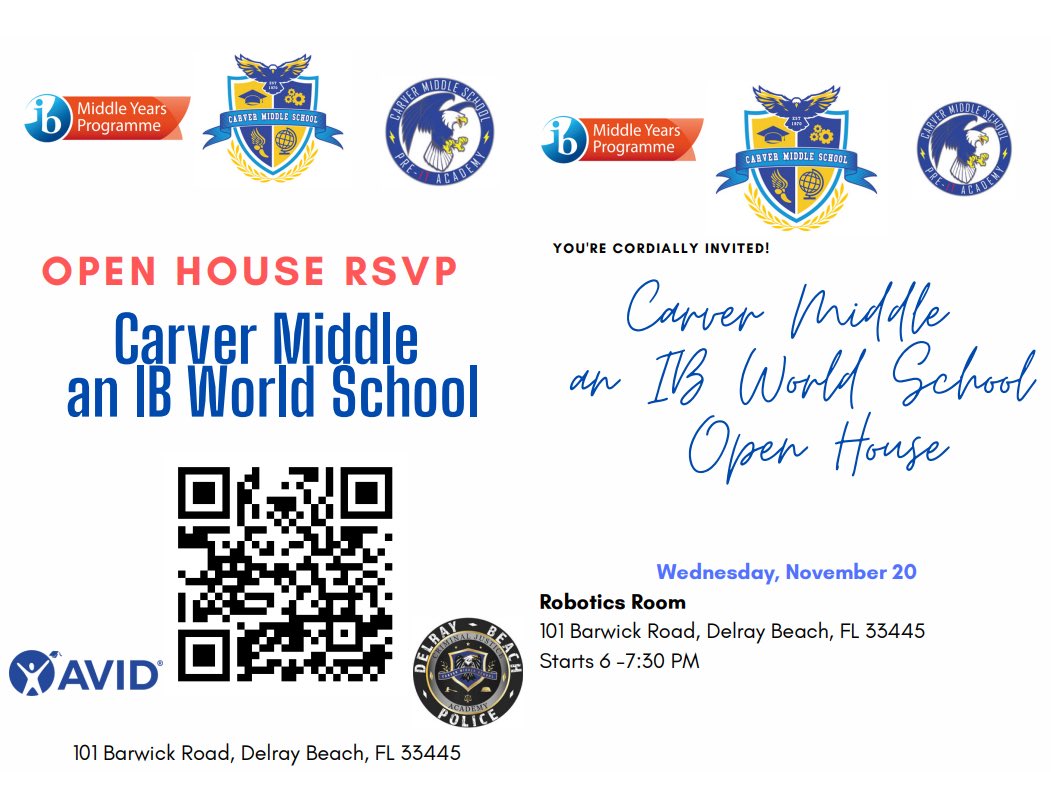 Carver Middle Delray (@cmsdelray) on Twitter photo It’s that time again. Come out and see what Carver Middle has to offer. Choice Open House Nov. 20 at 6pm. IB, Pre-IT, CJ. <a href="/Banyancreek1/">@Banyancreek</a> <a href="/OrchardViewES/">Orchard View ES</a> <a href="/PineGroveES/">Pine Grove Elem</a> <a href="/Spadyelementary/">Spady Montessori</a> <a href="/MorikamiPark/">Morikami Park Elem.</a> <a href="/ForestPark0831/">Forest Park ES</a> <a href="/PlumosaSoa/">Plumosa SOA</a> <a href="/HagenRoad/">Hagen Road</a> <a href="/DelrayBeachPD/">Delray Beach Police</a> <a href="/IBinPBCSD/">IB in PB County: Choice Department</a> <a href="/SDPBCChoiceCTE/">SDPBC Choice/Career</a> It’s that time again. Come out and see what Carver Middle has to offer. Choice Open House Nov. 20 at 6pm. IB, Pre-IT, CJ. <a href="/Banyancreek1/">@Banyancreek</a> <a href="/OrchardViewES/">Orchard View ES</a> <a href="/PineGroveES/">Pine Grove Elem</a> <a href="/Spadyelementary/">Spady Montessori</a> <a href="/MorikamiPark/">Morikami Park Elem.</a> <a href="/ForestPark0831/">Forest Park ES</a> <a href="/PlumosaSoa/">Plumosa SOA</a> <a href="/HagenRoad/">Hagen Road</a> <a href="/DelrayBeachPD/">Delray Beach Police</a> <a href="/IBinPBCSD/">IB in PB County: Choice Department</a> <a href="/SDPBCChoiceCTE/">SDPBC Choice/Career</a>
