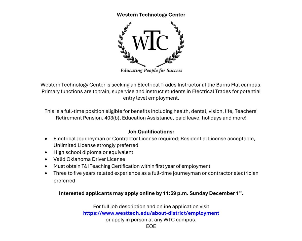 Great employment opportunity at WTC-Burns Flat to invest in the next generation for the trades industry! You can apply online. westtech.edu/about-district…