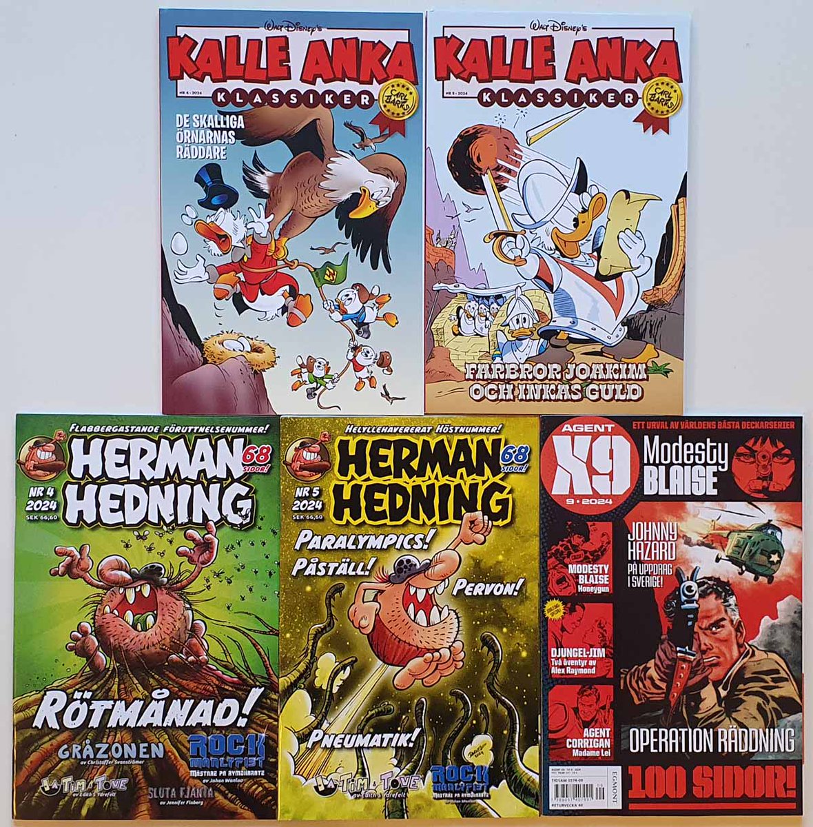 Caltex_98's tweet photo. Recent #comichaul: Gotham by Gaslight 1-2, Newburn 15-16, #KalleAnkaKlassiker 4-5/24, #HermanHedning 4-5/24 #AgentX9 9/24 #comics #serier @andydiggle #CarlBarks #JohnnyHazard #FrankRobbins https://t.co/gC06N5ecO6