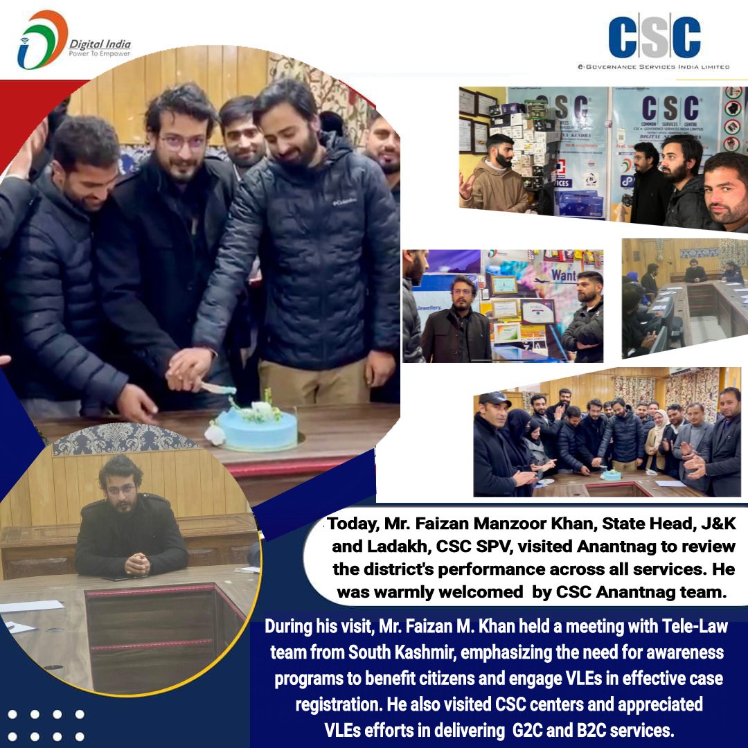 CSCJK's tweet photo. Today @faizankhan39 State Head J&amp;K &amp; Ladakh, CSC SPV, visited district Anantnag, held a meeting with CSC district &amp; Tele-Law team &amp; emphasized raising citizen awareness &amp; engaging VLEs for effective case registrations. He also lauded VLEs efforts in delivering G2C &amp; B2C services. https://t.co/tbmmRLf7TA