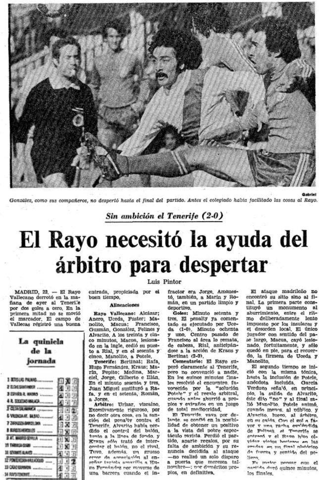 juan_cebo's tweet photo. "El Rayo necesitó la ayuda del árbitro para despertar", crónica del partido de Liga de 2ª División, entre el @RayoVallecano y el @CDTOficial (2-0), publicada en #Diario16 el 22 de Noviembre de 1976. @ismael7786. https://t.co/Aag9J8n0oE