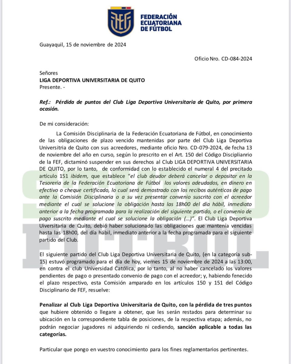 OFICIAL la resta de 3 puntos para <a href="/LDU_Oficial/">LDU Oficial</a>. 

- Los albos no cumplieron con el pago a Franklin Guerra, en el tiempo estipulado. 

El conjunto albo se queda con 26 unidades , mismo puntaje que IDV 

Pronto se publicará el COMUNICADO OFICIAL DE <a href="/LDU_Oficial/">LDU Oficial</a>