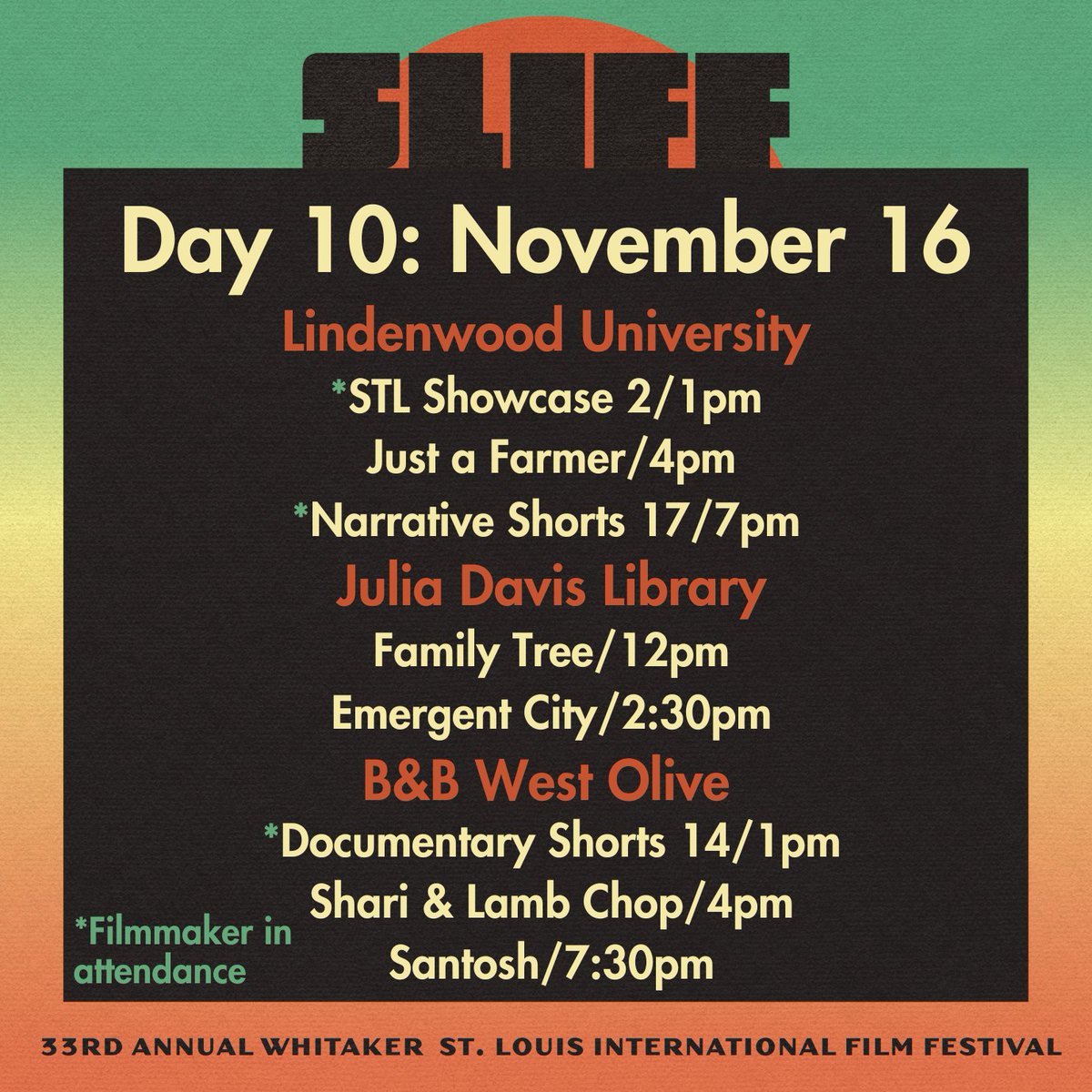 STLFilmFest's tweet photo. #SLIFF33 - DAY 10 SCHEDULE
We've squeezed SO much cinema into this lovely Saturday 🎞️✨
Comment what you’re seeing today!⬇️
#stlarts #stlouisgram #stlouisarts #cinemastlouis #hipointetheatre #filmfestival https://t.co/XEjvWztMQ2