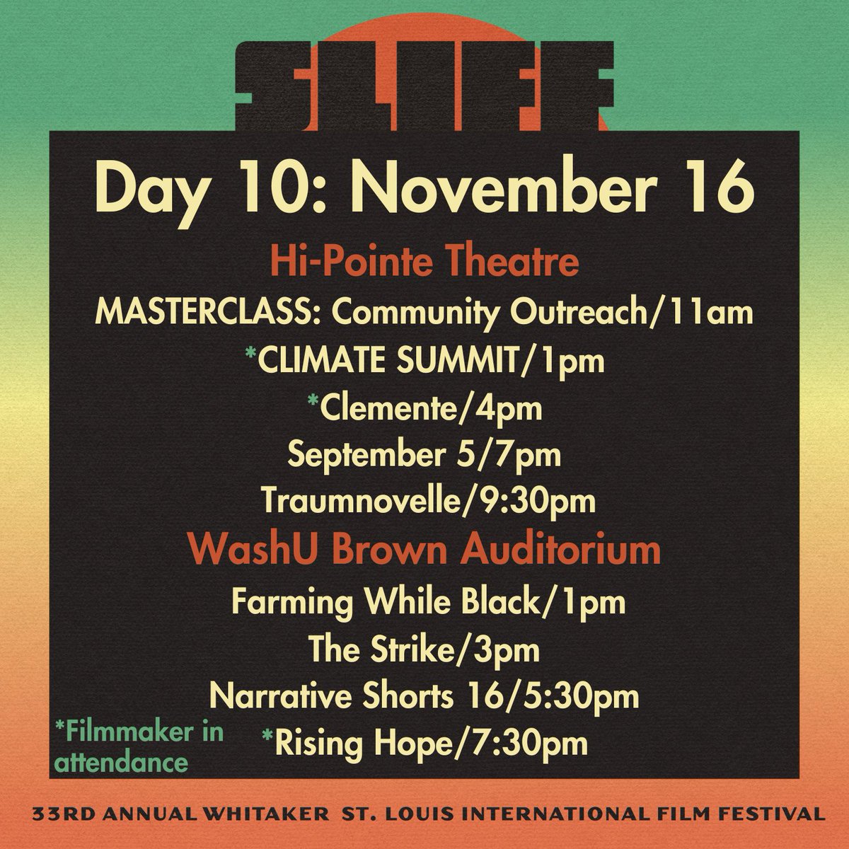 STLFilmFest's tweet photo. #SLIFF33 - DAY 10 SCHEDULE
We've squeezed SO much cinema into this lovely Saturday 🎞️✨
Comment what you’re seeing today!⬇️
#stlarts #stlouisgram #stlouisarts #cinemastlouis #hipointetheatre #filmfestival https://t.co/XEjvWztMQ2