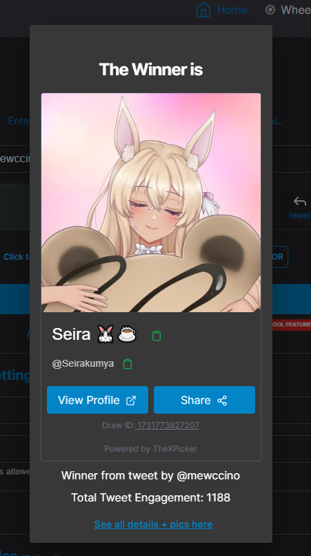 ✨CONGRATULATIONS~ @Seirakumya! ✨

You have won my art raffle for a half body illust :33 Please DM me within 24 hours or we will reroll for a new winner. Congrats! 

I'll hold another one sometime again. Meow wow.💛