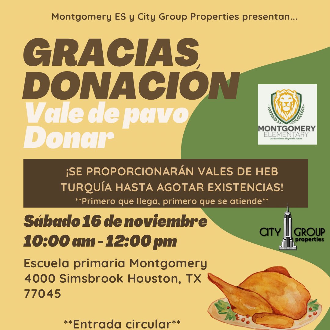 Happening TODAY!!! Turkey Giveaway (Montgomery Elementary School) Saturday, November 16th, 10:00 am - until vouchers are gone. Please note, registration is not required and vouchers are first come, first served. Happy holidays!🦃🍂🍁
