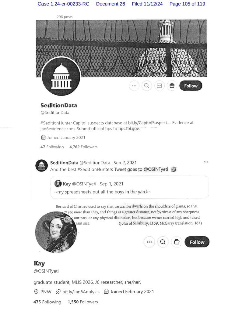FrankRoccoG's tweet photo. Update:
Two more "Sedition Hunter"-related accounts that were also published onto January 6th federal court record this past week have suddenly placed their @X accounts into protection mode, while they weren't just before.
Big man @ryanjreilly has since locked down his account.
"Sedition Hunter" @OSINTyeti (aka 'Kay', a student and "J6 researcher", as originally screenshotted and now removed) has done the same, while also changing everything but her account handle, writing that she doesn't "want to cede control of (the) username."
'Kay' looks to be shown as having a role in creating "spreadsheets" used by "Sedition Hunters" in tracking down J6'ers - seen also to be bragging about getting J6'ers jailed aka put in "the yard".
Ryan J. REILLY is self-explanatory, being the smug-faced @NBCNews reporter who's profited off of the promotion of the "Sedition Hunters'" actions. This has resulted in hundreds of false arrests by @FBI agents, suicides and convictions of J6'ers relating to the well-documented oath of office violations and fraud on the @TheJusticeDept and federal Courts.
