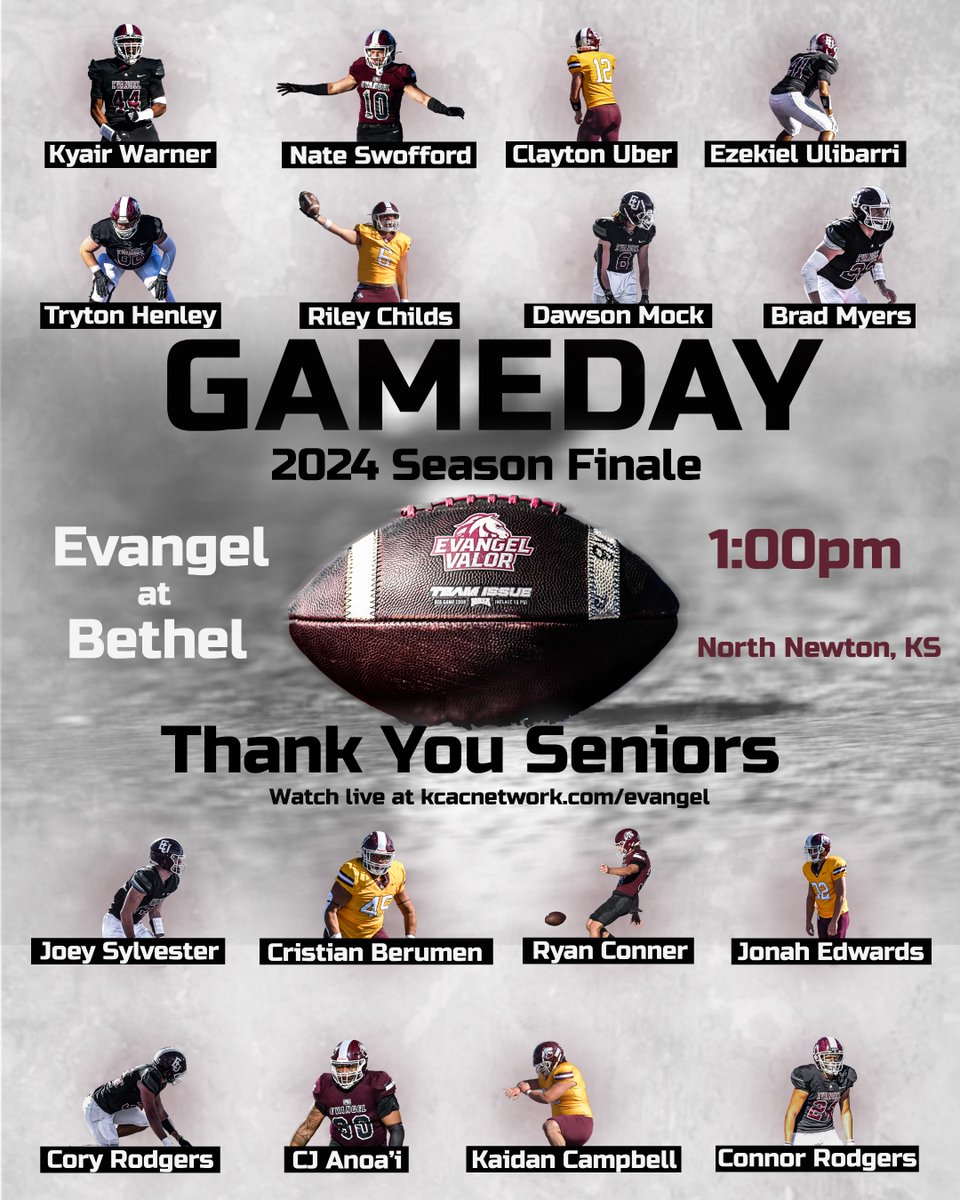 🏈 > GAMEDAY

📍: North Newton, Kan. (Thresher Stadium)
🆚: Bethel
📊: bethelthreshers.com/sidearmstats/f…
🖥: kcacnetwork.com/evangel
🎟: bethelthreshers.com/sports/2021/6/…
#CodeMaroon