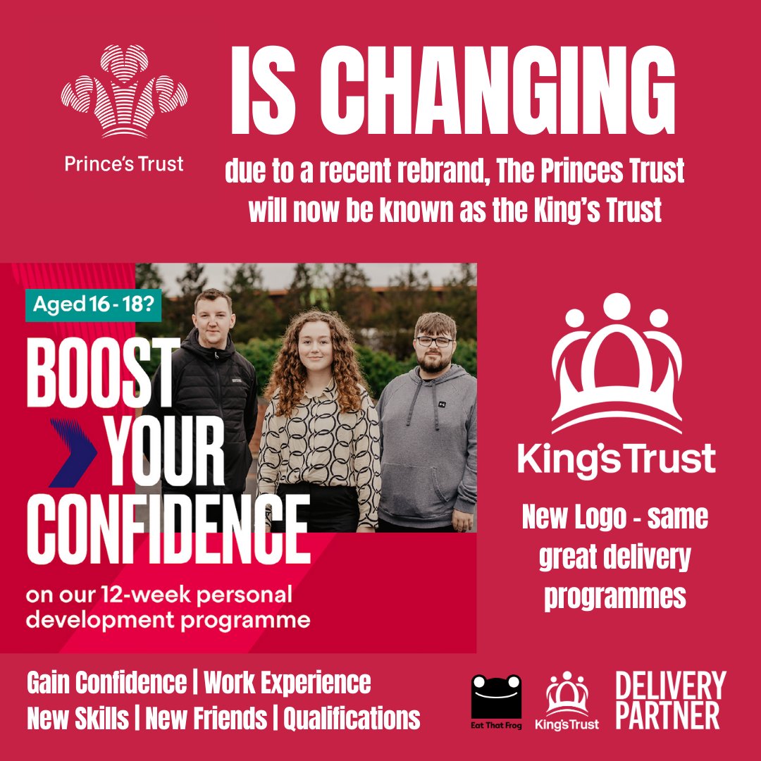 Due to the announcement of the rebrand of The Prince's Trust, you will gradually start to see all our marketing transitioning to the new logo and new name - The King's Trust. 

New logo, new name - same great delivery programme

eatthatfrog.ac.uk/pt-team

#PrincesTrust #EatThatFrog
