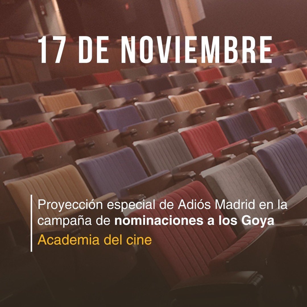 Proyección especial para académicos en la campaña de nominaciones para los premios Goya.

Mañana, domingo 17 de noviembre a las 16hrs, nuestra película será proyectada en la Academia de Cine de España, con la presencia de parte del equipo y elenco.