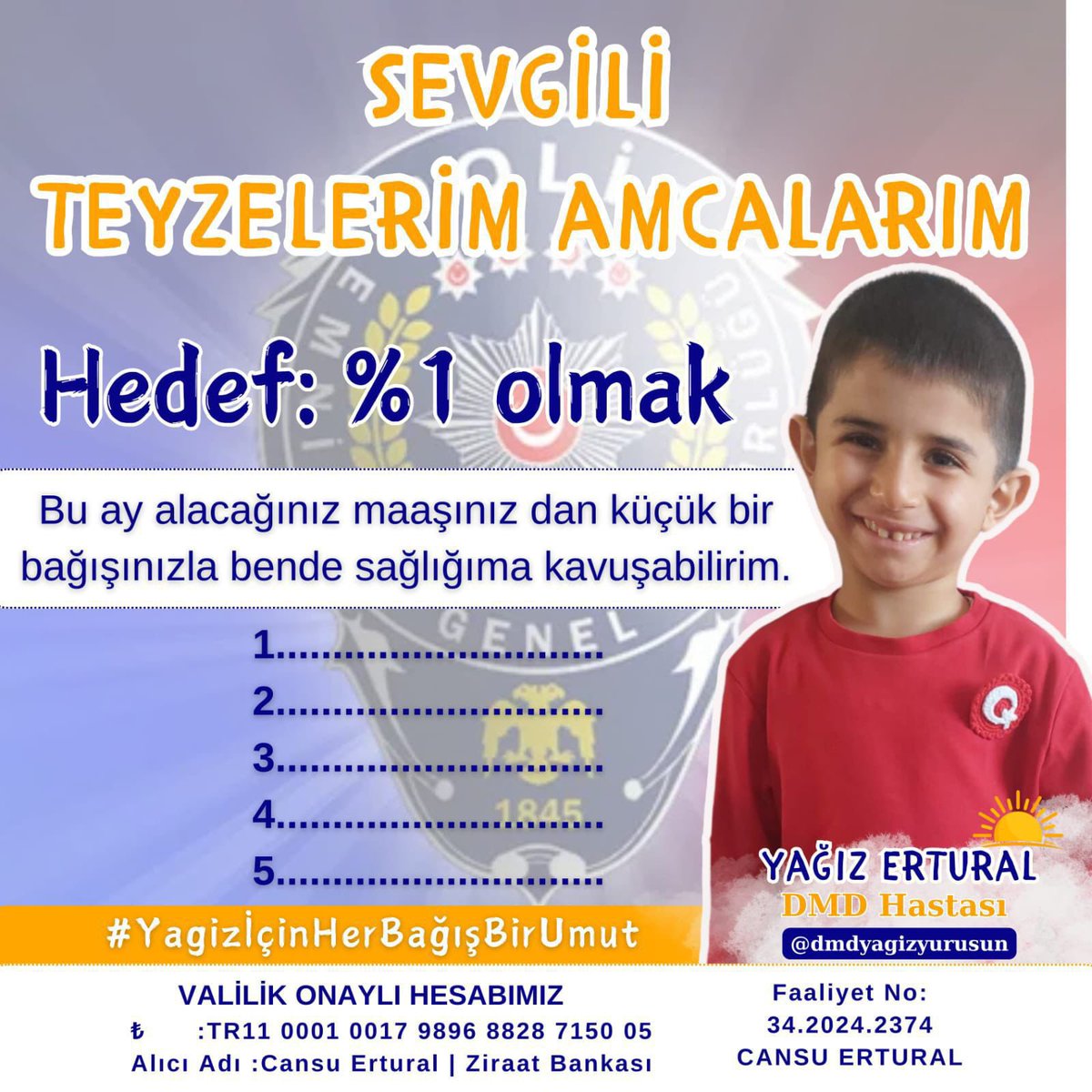 Meslektaşımızın değerli oğlu Yağız’ın tedavisi için yardım toplama kampanyası başlatılmış ve valilik onaylı hesap numaraları alınmış. 
Tüm dostlarımızdan destek bekliyoruz.