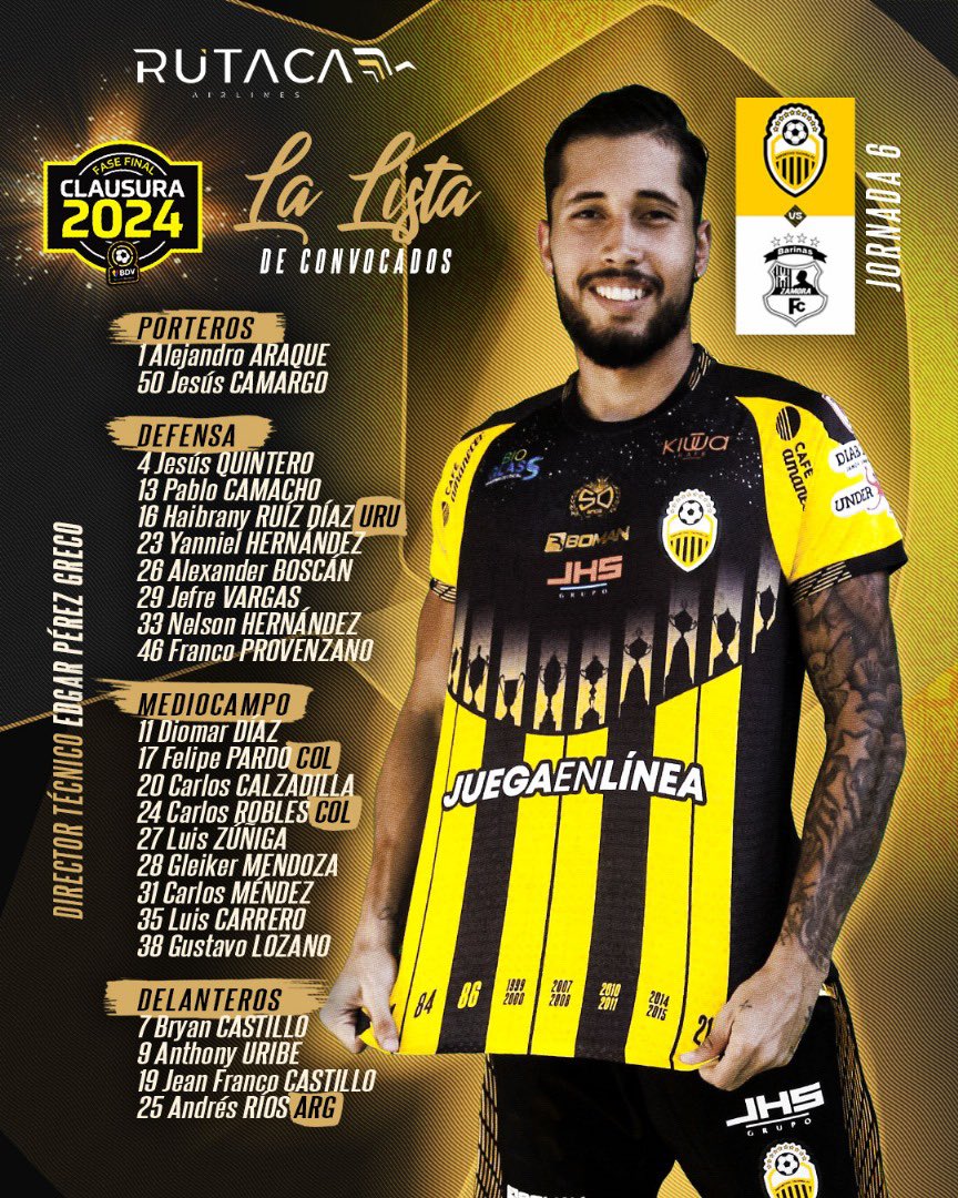 DvoTachira's tweet photo. Esta noche, será de fiesta y carnaval en Pueblo Nuevo 🎆🎺🥁

📋 Los convocados por el profesor Edgar Pérez Greco, para cerrar con broche de oro la FASE FINAL 🦾🔥

#VamosTáchira 💛🖤 https://t.co/fWWgahZfNE