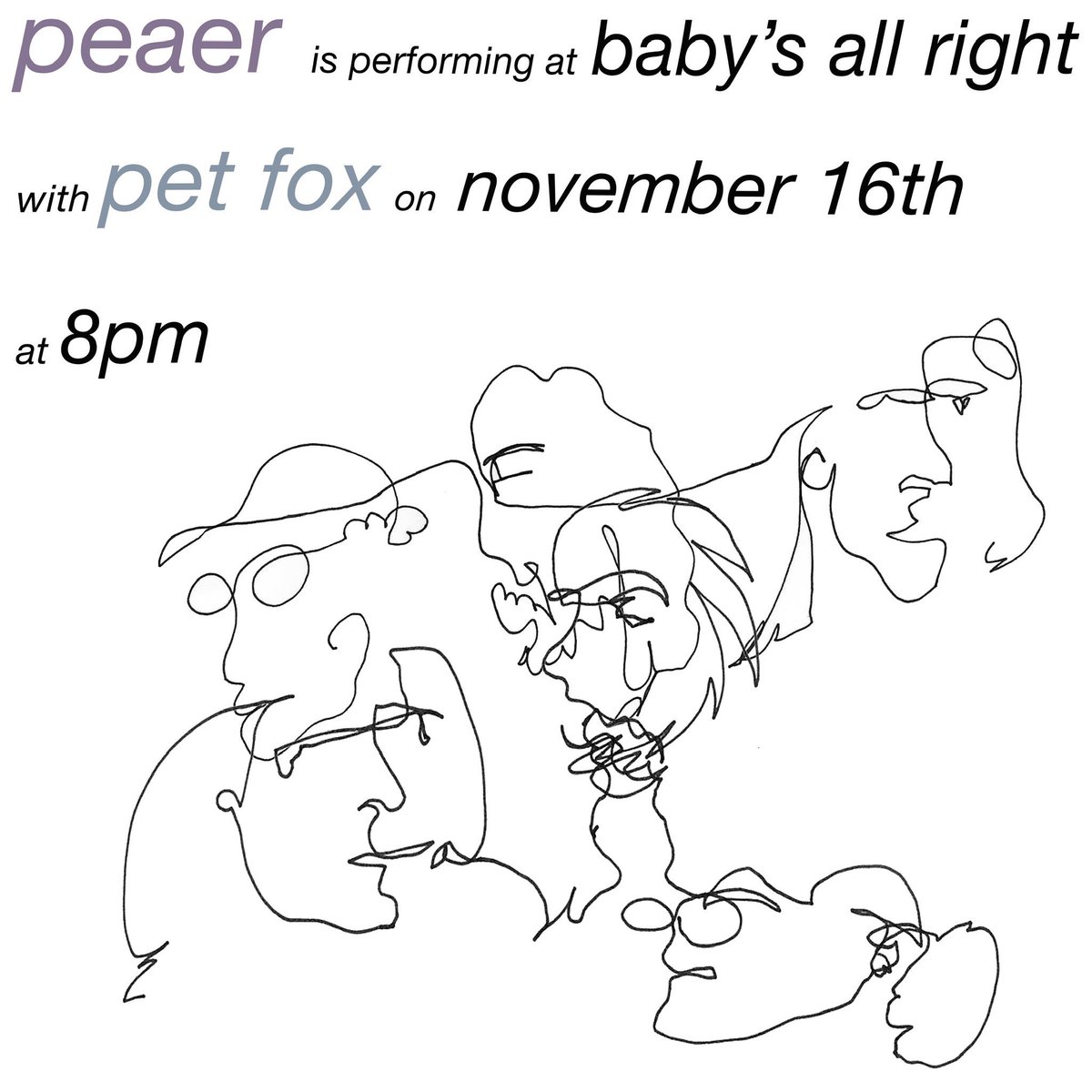 Tonight <a href="/peaer_/">peaer 🍐</a> &amp; <a href="/petfoxband/">Pet Fox</a> at <a href="/BabysAllRight/">Baby's All Right</a>.