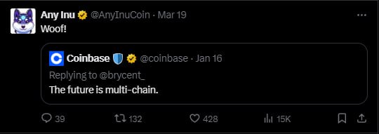 sekadamrejimi's tweet photo. ANY INU : $AI 
Meet ANY INU, officially supported by #Axelar and the multi chain mascot of #Coinbase. A meme coin with liquidity on 19 different chains, destined for the moon.
#AI: ALL IN. ANY INU. 
$SOL: ACeWC77UeW2DBZMe7YBsuXoxLvk4dHMnPzneApau1Au6
#ETH,#BSC,#BASE,#AVAX,#ARB,#FTM,#POL (EVM):
0x2598c30330D5771AE9F983979209486aE26dE875
MEXC: $AINU
MCAP: 4M
ANY INU will write its own story, just like $Pepe, $Pnut, $Lester, $Phil, and $Myro etc.
This is not an advertisement and does not contain investment advice.
DYOR.
