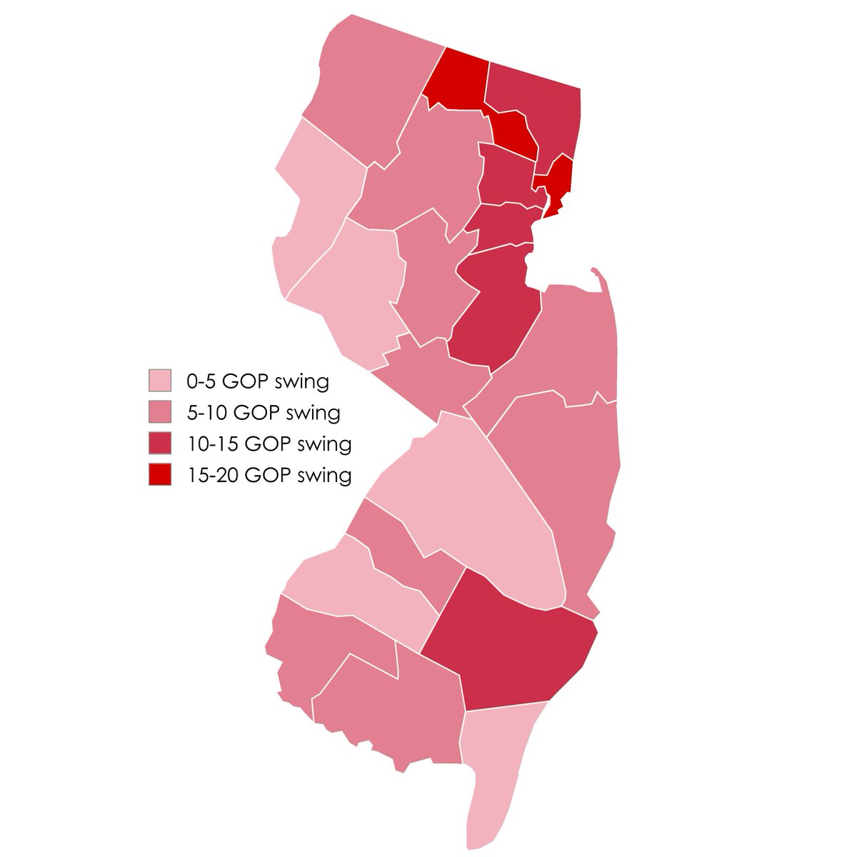 PviGuy's tweet image. #ElectionTwitter Here's a map of the swing by county in New Jersey from 2020-2024. Trump gained through out the state, especially in the area around NYC, with the biggest shifts being 19% in Hudson and Passaic counties.
