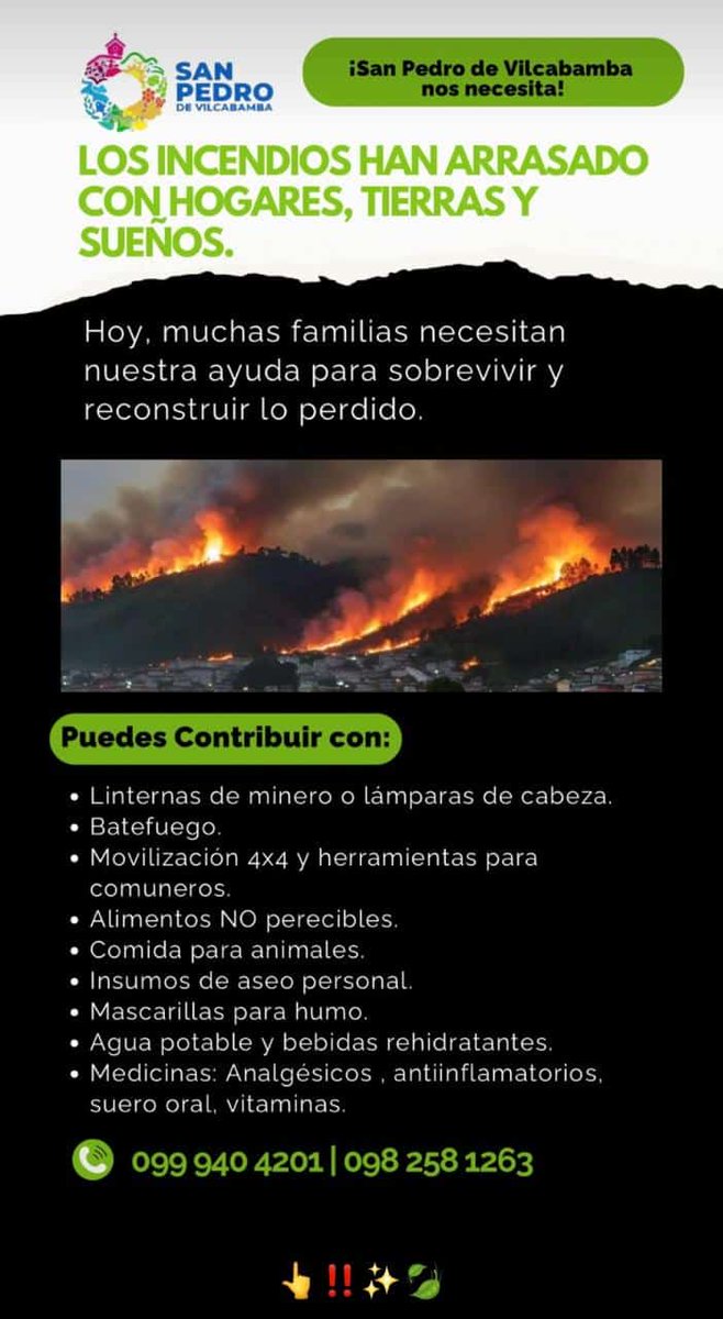 Con mis últimos 2% de batería y con cortes de luz solo voy a decir esto: 

QUÉJENSE, DONEN, HAGAN RUIDO EN REDES SOCIALES, NO NOS DEJEN SOLOS EN LOJA, no dejen que el Vilcabamba, San Pedro de Vilcabamba, Malacatos y el parque Podocarpus se reduzca en cenizas...