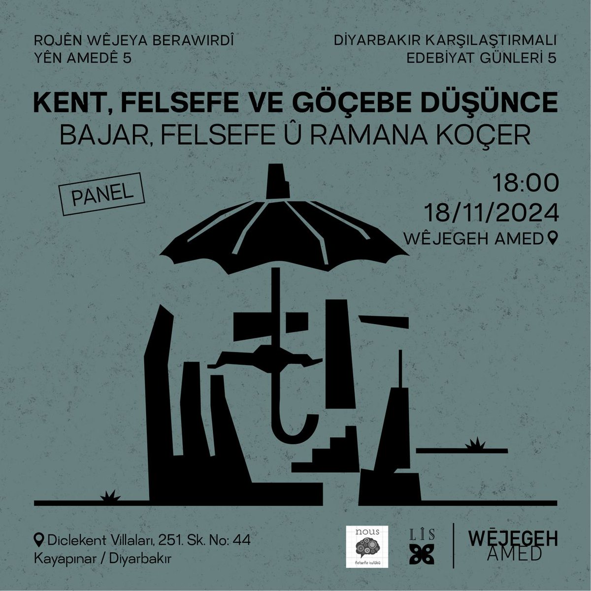 wejegehamed's tweet photo. 18 MIJDAR | KASIM 🕡 18:00
📍Wêjegeh Amed

KENT, FELSEFE VE GÖÇEBE DÜŞÜNCE
BAJAR, FELSEFE Û RAMANA KOÇER

Kurmacanın Kentleri, Kentlerin Bilinci

Bu konuşmanın amacı, kentlerin doğası üzerine yürütülen tartışmalarda kurucu bir unsur olarak mekânın mahiyetini açıklığa kavuşturmak ve devamında kurmaca eserlerdeki mekânların/kentlerin dil ile ilişkilerinde ayırt edici bir yaklaşım getirebileceği iddiasını göstermeye çalışmaktır. 
Mekânın doğası üzerine düşünmek, ontolojik bağlamda kurmaca mekânların nelikleri üzerine de akıl yürütmektir. Her nesnenin bir mekânda var olduğunu kabul edersek, kurmaca nesnelerin nasıl var oldukları sorusu bir anlamıyla kurmaca nesnelerin mekânlarının ne olduğu sorusuyla ilintili hale gelir. Burada ilk anlamıyla mekânın, kurucu bir zemin olarak anlaşılması önemlidir. Bu bağlamda örneğin fiziksel nesnelerin mekânını evren olarak düşünürsek, kurmaca nesnelerin mekânının ne olduğu yahut farklı kurmaca nesnelerin farklı mekânlarının olup olamayacağı önemli bir odak haline gelir. Paralel olarak, daha özel bir bağlamda kurmaca eserlerdeki kentlerin, kurmacanın doğasını ve akışını kendi içine doğduğu dil ile nasıl bir ilişkide belirlediği tartışılacaktır.
•
Fatih Kök

Felsefenin Yeri Yurdu

Kent sadece mimari ve insan ilişkileriyle örülü bir mekân değil aynı zamanda düşünce alışverişinin de yapıldığı bir mekândır. Felsefe bu anlamda Kent'in bir çocuğudur. Felsefenin yegâne dayanağı olan Dil, Kent içerisinde yaşam bulur. Kent dilin mekânıdır. Düşünce alışverişi ve felsefenin varoluşu politik süreç ile ayrılmaz bir bütündür. Bu sunumda Kent'in felsefe ile olan ilişkisi ve yersizyurtsuzluk kavramı Deleuze, Derrida, Heidegger gibi düşünürler üzerinden yorumlanacaktır.
•
Civan Hüseyin Demirtaş

Kent ve Göçebe Düşünce

Diyarbakır’ın çok kültürlü, farklı düşünce sistemlerinin bir arada yaşadığı, birbiriyle çeliştiği ama aynı zamanda birbirini beslediği bir kent ve mekân tarihi vardır. Tarihsel olarak şehrin hem doğu hem batı medeniyetlerinin kavşağında yer alması, farklı felsefi ve düşünsel akımların birbirini etkilemesi için bir ortam yaratmıştır. Diyarbakır'ın bu kozmopolit yapısı, kent felsefesine uygun bir zemin sunar. 
Kent aynı zamanda düzen arayışının sembolü olarak görülmüştür. Diyarbakır’ın Suriçi bölgesi, binlerce yıllık yapıları ve eski şehir dokusuyla, insanların yerleşik düzene duyduğu ihtiyaç ve bağlılığın simgesi olarak karşımıza çıkar. Bu tür yerleşiklik, felsefi açıdan süreklilik ve istikrarın savunulması anlamına gelir. 
Deleuze ve Guattari’nin kavramsallaştırdığı göçebe düşünce, yerleşik yapıları ve sabit düşünce kalıplarını sorgular. Diyarbakır gibi kozmopolit şehirlerde bu düşünce biçimi, kültürel etkileşimlerin ve farklı düşünce biçimlerinin bir araya geldiği dinamik bir alan yaratır. 
Bu sunumda, son zamanlarda yaşanan göçler, kent sosyolojisi ve felsefesi açısından göçebelik ve politik kent kavramları üzerinden ele alınacaktır.
•
Mesure Çatak

Nous Felsefe Kulübü işbirliğiyle
Bi hevkarîya Klûba Nous Felsefeyê