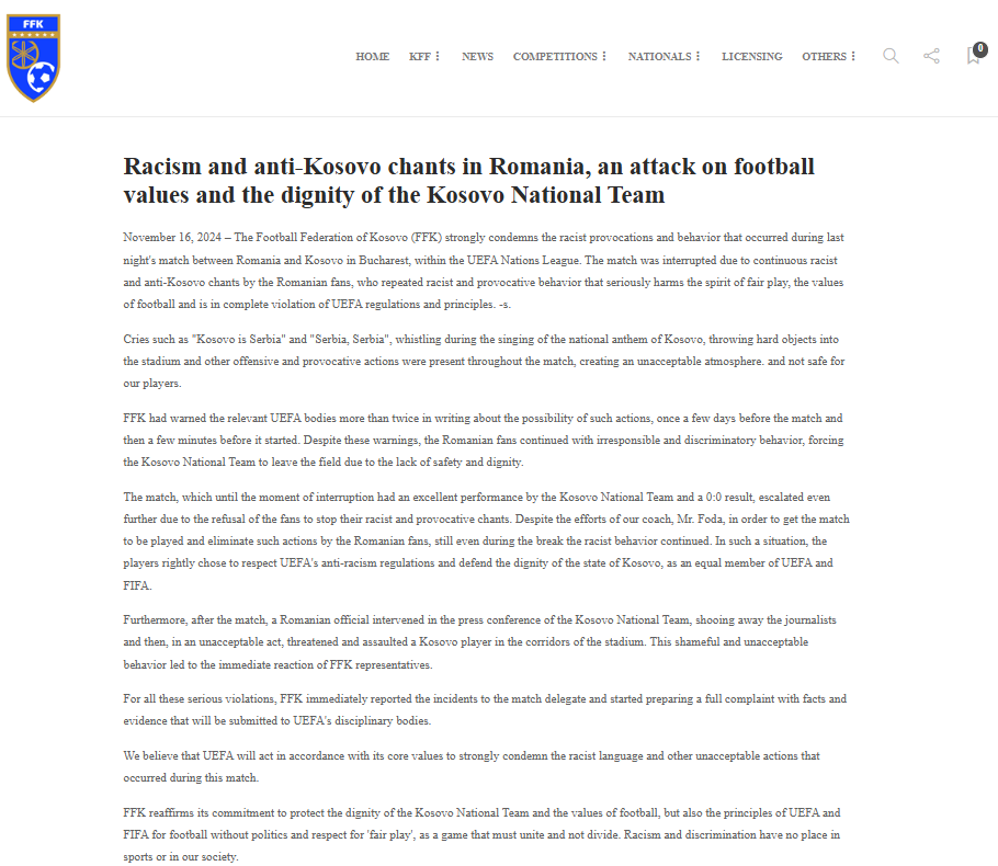 Fanatico_FFM's tweet photo. Final decision from #UEFA regarding #Romania vs #Kosovo likely on Sunday or Monday
The match was suspended and later abandoned after Kosovo's refusal to continue play duo offensive chants from the Stands
Both statements can be found below
#ROUKOS #NationsLeague #UNL #FFK #FRF https://t.co/ytGnppb4S3