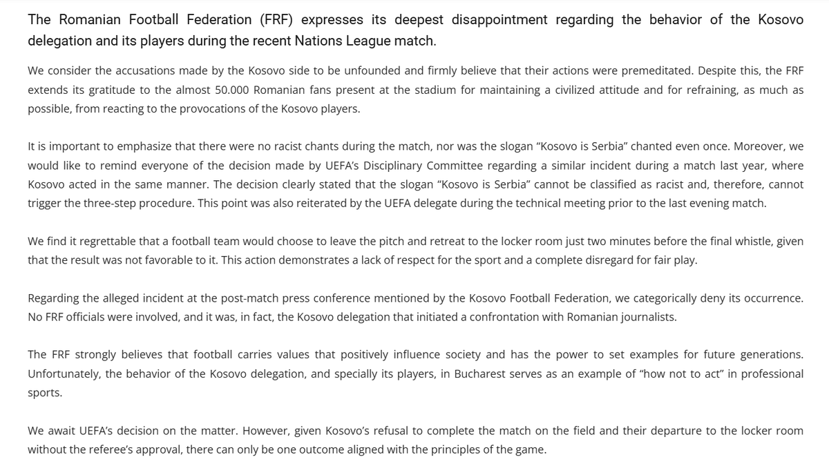 Fanatico_FFM's tweet photo. Final decision from #UEFA regarding #Romania vs #Kosovo likely on Sunday or Monday
The match was suspended and later abandoned after Kosovo's refusal to continue play duo offensive chants from the Stands
Both statements can be found below
#ROUKOS #NationsLeague #UNL #FFK #FRF https://t.co/ytGnppb4S3