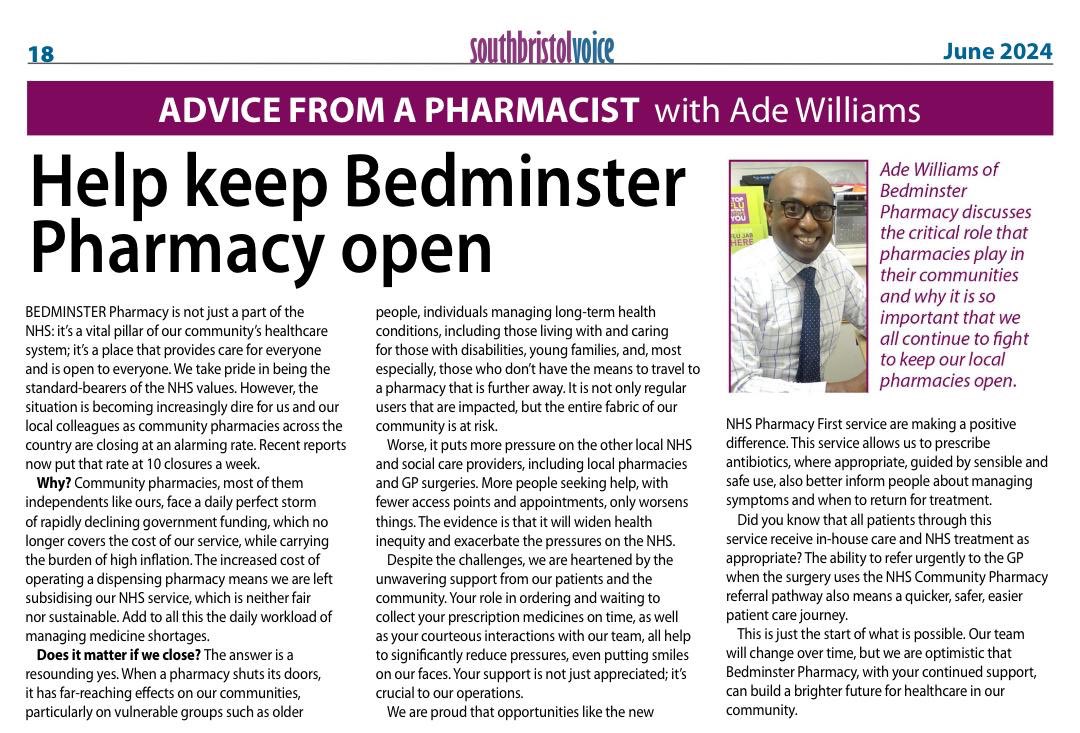 Bedminster Pharmacy (@bedminsterpharm) on Twitter photo “Does it matter if Community Pharmacies like <a href="/Bedminsterpharm/">Bedminster Pharmacy</a> close?” <a href="/adewilliamsnhs/">Ade Williams</a> YES answer is well articulated and includes a sobering reminder that “…When a Pharmacy has to shut its doors, it has far-reaching effects on the most vulnerable groups in those communities…” “Does it matter if Community Pharmacies like <a href="/Bedminsterpharm/">Bedminster Pharmacy</a> close?” <a href="/adewilliamsnhs/">Ade Williams</a> YES answer is well articulated and includes a sobering reminder that “…When a Pharmacy has to shut its doors, it has far-reaching effects on the most vulnerable groups in those communities…”