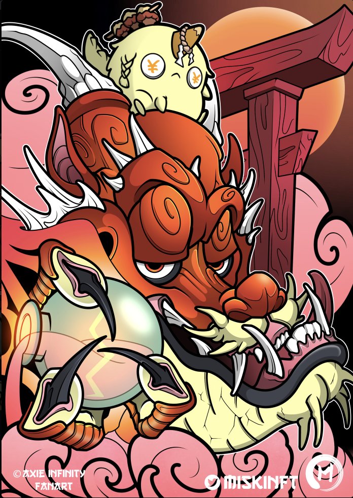 My friend <a href="/MiskiNFT/">Miski みすきᒼᑋªⁿ</a> drew this for me.  (just for fun) That is one of my favorite Axies, "Sensai" on his dragon. There is some amazing talent in the <a href="/AxieInfinity/">Axie Infinity</a> community!