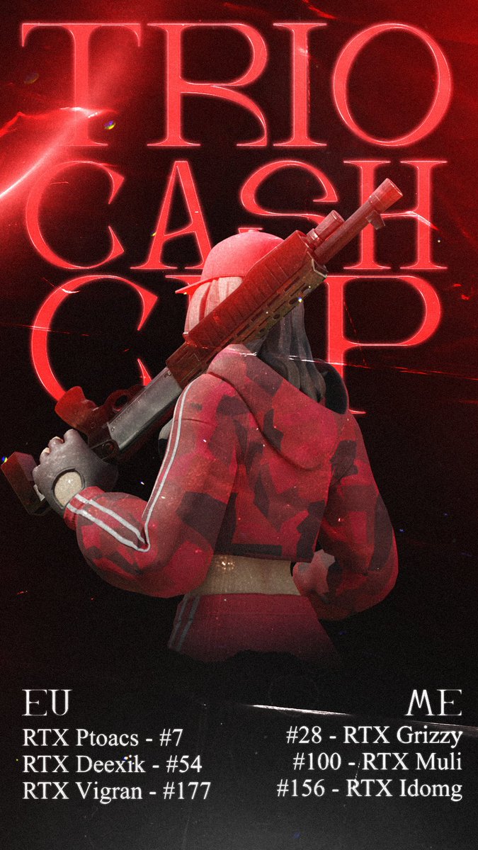TRIO CASH CUP 16.11.2024 RESULTS: 🏆💸👀
 EU:
RTX <a href="/ptoacsfnr/">ptoacs</a> - #7 | 👤🇬🇧
RTX <a href="/deexik/">deexik</a> - #54 | 👤🇵🇱
RTX @vigranekk - #177 | 👤🇵🇱

ME:
RTX <a href="/fn_grizzy/">Grizzy</a> - #28 | 👤🇮🇱
RTX <a href="/mULi_28/">muli</a> - #100 | 👤🇮🇱
RTX <a href="/1do_MG/">IdoMG</a> - #156 | 👤🇮🇱