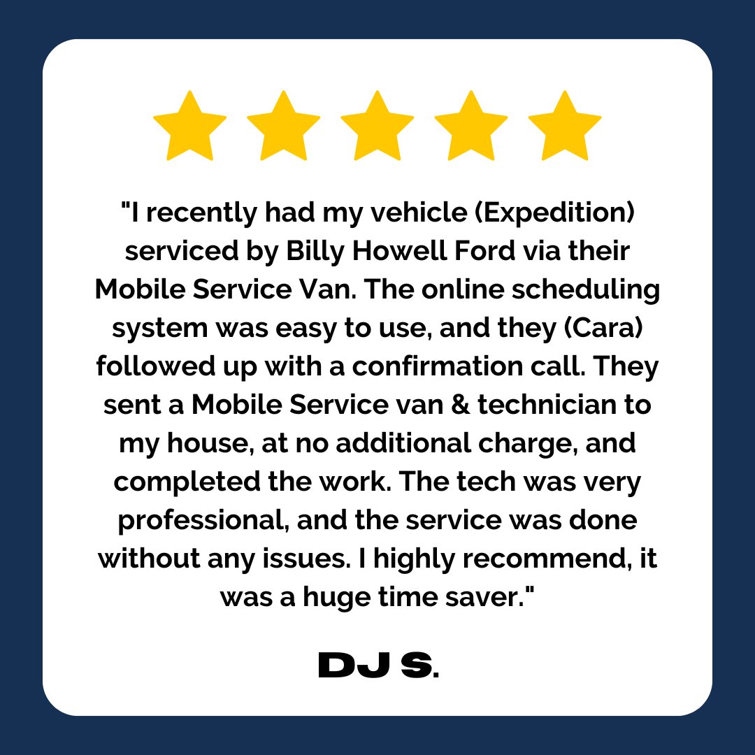 billyhowellford's tweet image. Huge thanks, DJ S., for your wonderful review about our Mobile Service Van! 🚐🔧

We&apos;re so glad you enjoyed the perks this service offers—it’s all about making your life easier. #ServiceOnTheGo #BillyHowellFord