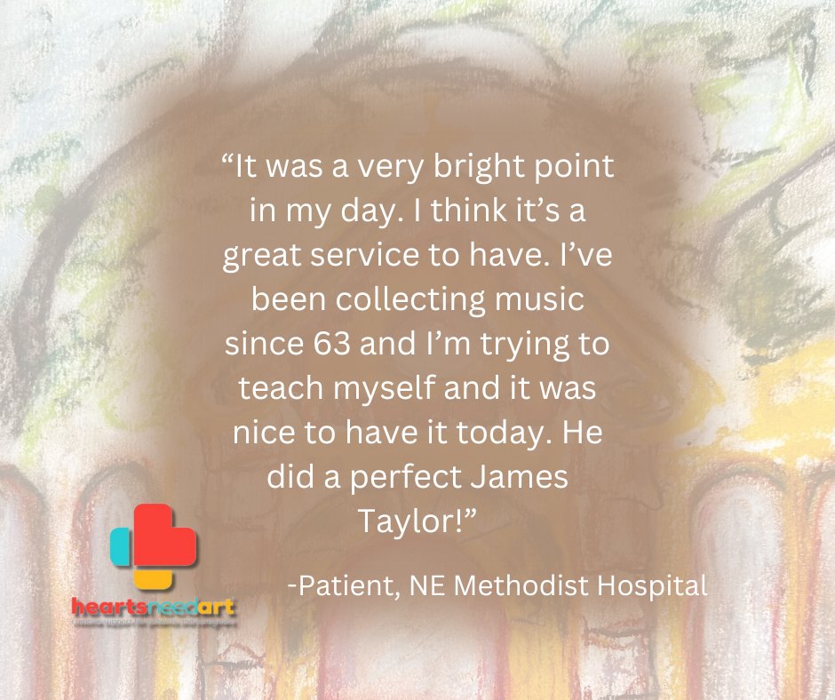 This patient is talking about Jeff! So glad we could brighten his day 🌞

Help us help the patients we see by donating! 
heartsneedart.org/donate

#artsinhealthcare #artastherapy #musichealing #wellness #wellnessthroughmusic #musicheals