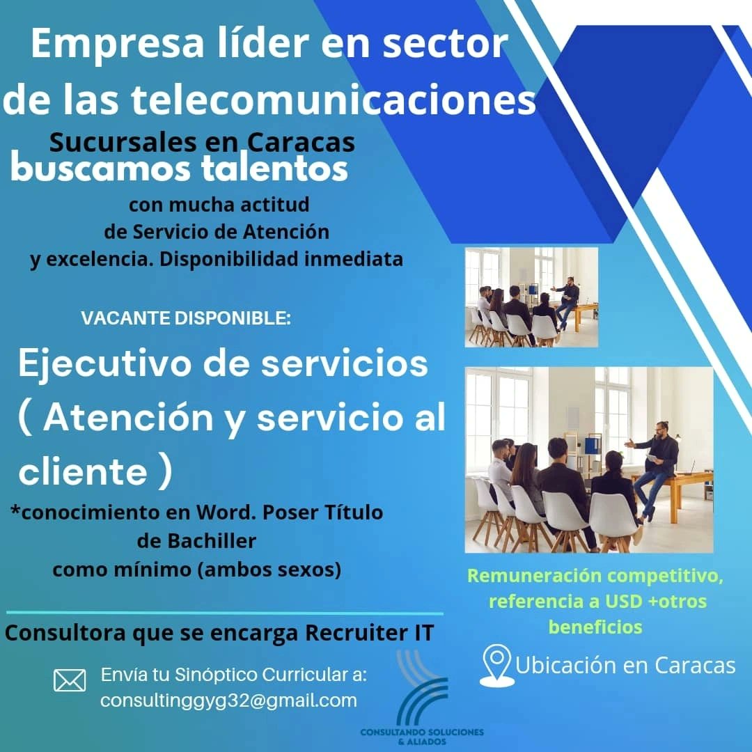 SConsultando's tweet photo. Disponibilidad inmediata. Solo Caracas. Enviar su CV a consultinggyg32@gmail.com
#empleocaracas
#gentecaracas https://t.co/9yaQ5m66Ba