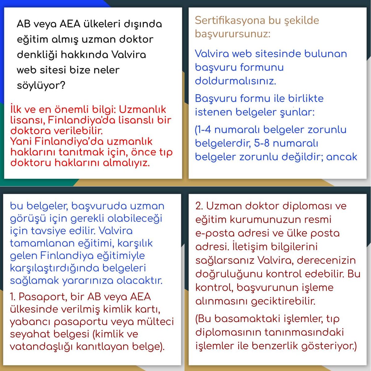 DoktorlarFin's tweet photo. Finlandiya'da sağlık ile ilgili ruhsatlandırma kuruluşu olan Valvira, tıp fakültesi diplomalarımızın tanınmasından başlayarak, her kademede işlemlerimizi ele alıyor.

Bu gönderide, sıkça sorulan bir soruyu cevaplamak adına, ilgili resmi kuruluş olan Valvira web sayfasında yer alan bilgileri derledik. Hekim arkadaşlarımızın, daha ayrıntılı bilgi için web sayfasının tamamını incelemesini, web sayfasında yer almayan konularda bilgi almak istedikleri takdirde ise kuruma e-posta ile ulaşarak sorularını sormasını tavsiye ediyoruz. Valvira; ingilizce, fince ve isveççe yazılan e-postaları her üç dilde de yanıtlıyor.

Kaynak:

İngilizce web sayfası:

https://t.co/VOUctsh8BI

Fince web sayfası:

https://t.co/uc045bwBvv