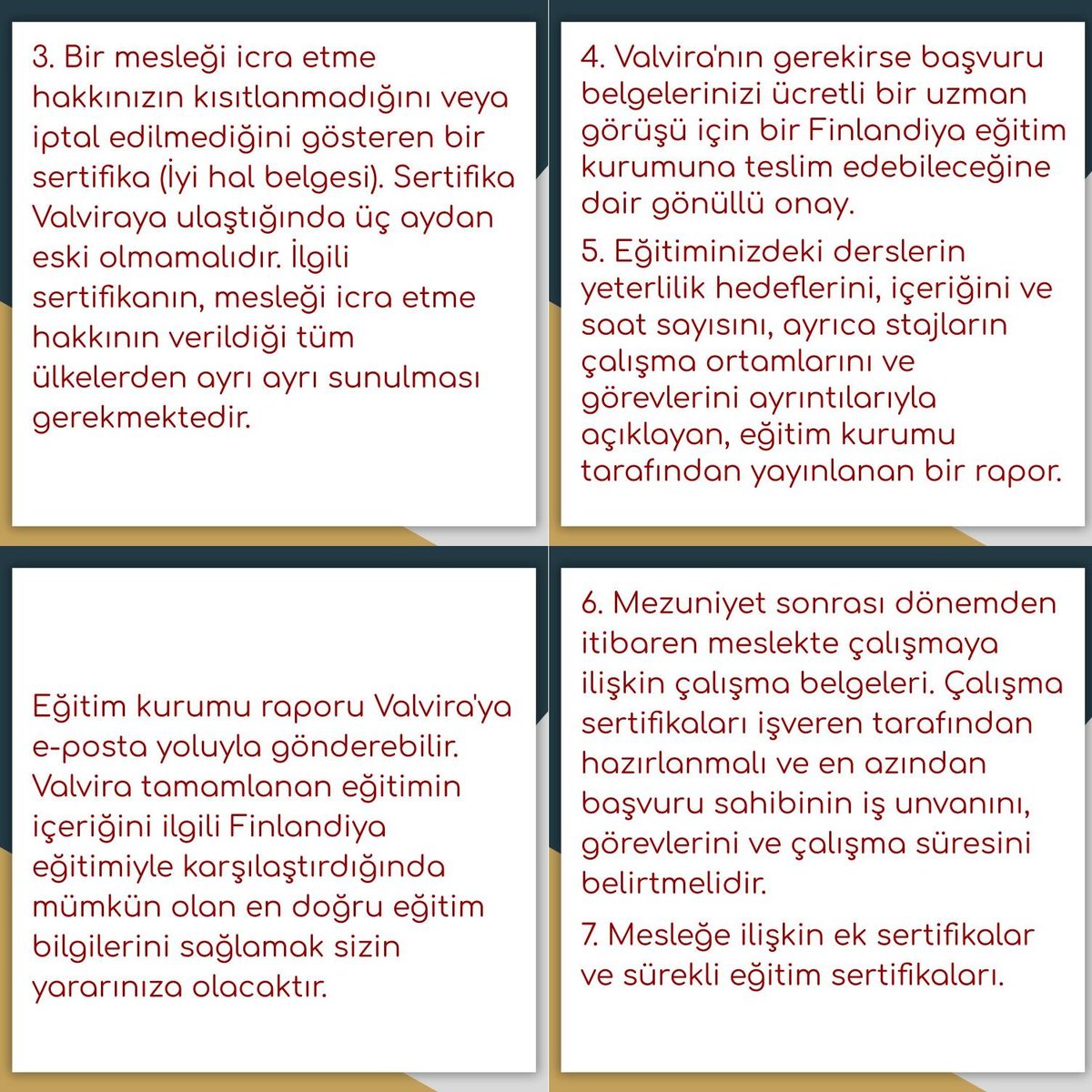 DoktorlarFin's tweet photo. Finlandiya'da sağlık ile ilgili ruhsatlandırma kuruluşu olan Valvira, tıp fakültesi diplomalarımızın tanınmasından başlayarak, her kademede işlemlerimizi ele alıyor.

Bu gönderide, sıkça sorulan bir soruyu cevaplamak adına, ilgili resmi kuruluş olan Valvira web sayfasında yer alan bilgileri derledik. Hekim arkadaşlarımızın, daha ayrıntılı bilgi için web sayfasının tamamını incelemesini, web sayfasında yer almayan konularda bilgi almak istedikleri takdirde ise kuruma e-posta ile ulaşarak sorularını sormasını tavsiye ediyoruz. Valvira; ingilizce, fince ve isveççe yazılan e-postaları her üç dilde de yanıtlıyor.

Kaynak:

İngilizce web sayfası:

https://t.co/VOUctsh8BI

Fince web sayfası:

https://t.co/uc045bwBvv