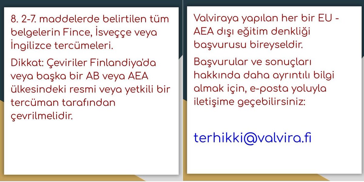 DoktorlarFin's tweet photo. Finlandiya'da sağlık ile ilgili ruhsatlandırma kuruluşu olan Valvira, tıp fakültesi diplomalarımızın tanınmasından başlayarak, her kademede işlemlerimizi ele alıyor.

Bu gönderide, sıkça sorulan bir soruyu cevaplamak adına, ilgili resmi kuruluş olan Valvira web sayfasında yer alan bilgileri derledik. Hekim arkadaşlarımızın, daha ayrıntılı bilgi için web sayfasının tamamını incelemesini, web sayfasında yer almayan konularda bilgi almak istedikleri takdirde ise kuruma e-posta ile ulaşarak sorularını sormasını tavsiye ediyoruz. Valvira; ingilizce, fince ve isveççe yazılan e-postaları her üç dilde de yanıtlıyor.

Kaynak:

İngilizce web sayfası:

https://t.co/VOUctsh8BI

Fince web sayfası:

https://t.co/uc045bwBvv