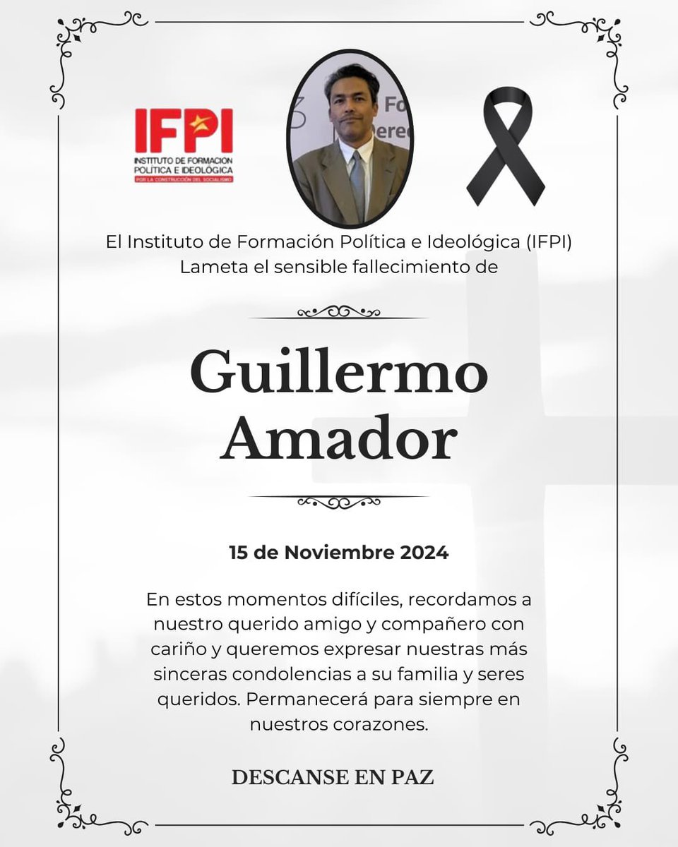 El Instituto de Formación Política e Ideológica (IFPI) del Partido LIBRE lamenta el fallecimiento del invaluable compañero de lucha Guillermo Antonio Amador Padilla, héroe popular en la defensa de la democracia contra el Golpe de Estado y disciplinado militante de la Refundación.