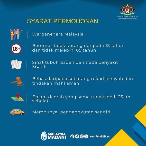 lp_kpm's tweet photo. INFO KPM: Tawaran Sukarelawan Sebagai Pengawas Peperiksaan Sijil Pelajaran Malaysia (SPM) Tahun 2024.
Permohonan dibuka mulai 1 hingga 30 November 2024 melalui aplikasi e-Lembaga Peperiksaan https://t.co/BgCwakG2au. https://t.co/WEE3cFYMlU