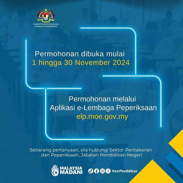 lp_kpm's tweet photo. INFO KPM: Tawaran Sukarelawan Sebagai Pengawas Peperiksaan Sijil Pelajaran Malaysia (SPM) Tahun 2024.
Permohonan dibuka mulai 1 hingga 30 November 2024 melalui aplikasi e-Lembaga Peperiksaan https://t.co/BgCwakG2au. https://t.co/WEE3cFYMlU