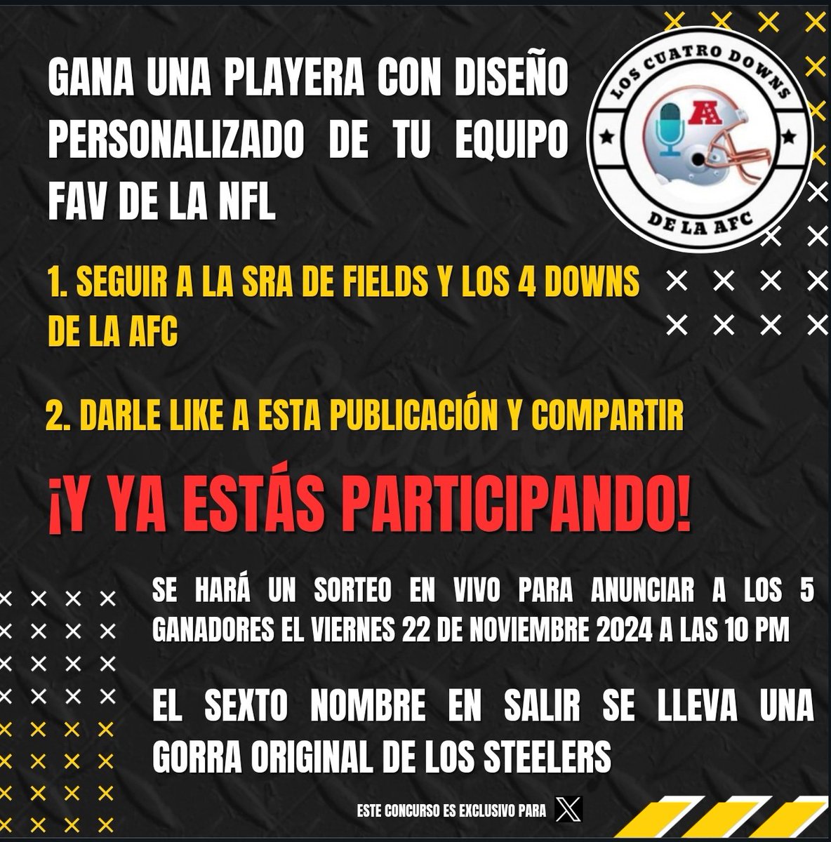 MarSraDPitts's tweet photo. ¡Ya está la dinámica!

@Los_4Downs_AFC  se pusieron bellos con las playeras 💛🖤
Serán 5 afortunados y 1 se llevará una gorra de los Steelers (o del equipo al que le vaya).

¡Mucho éxito a todos!

#nfl #herewego #L4D https://t.co/whwrw2tk3u