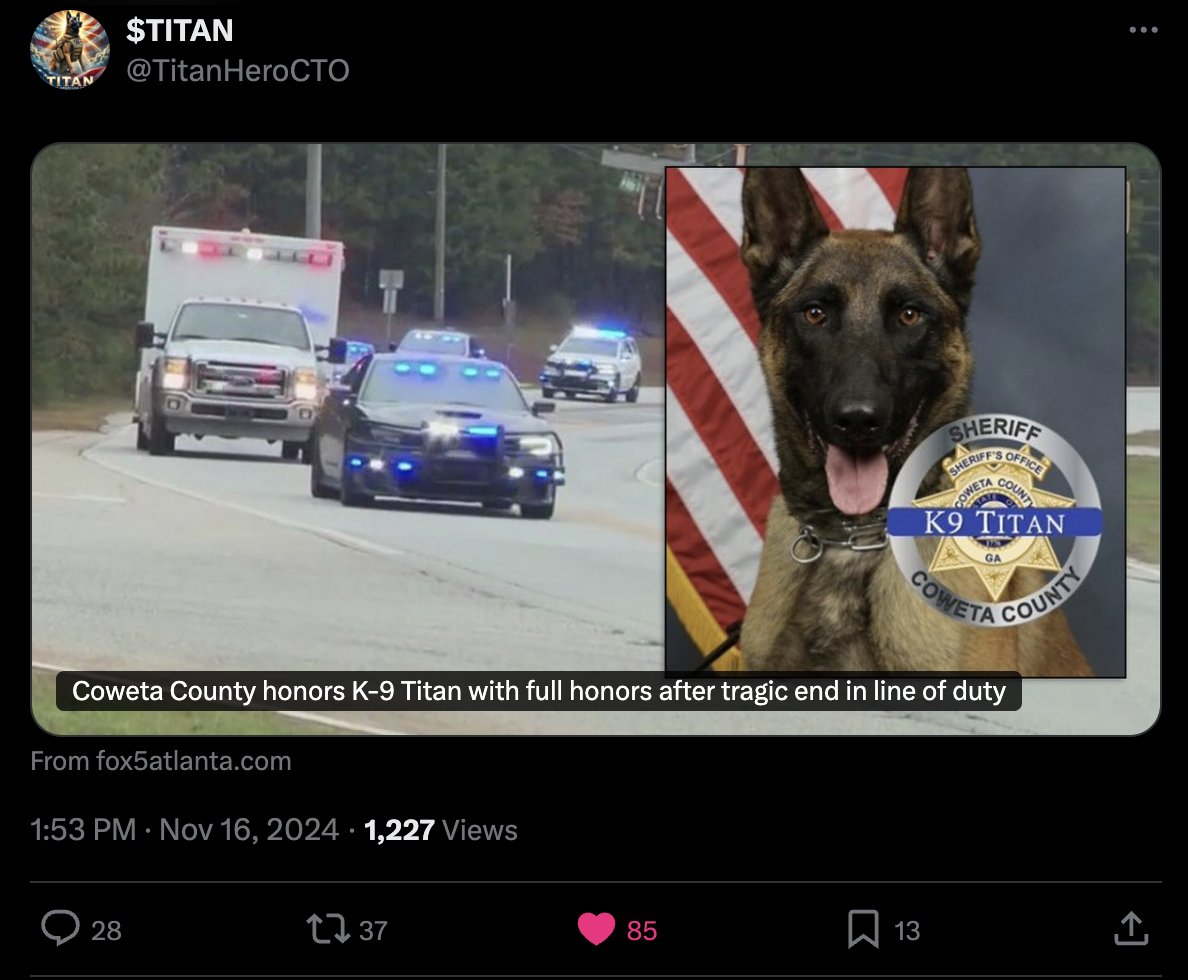 <a href="/bekircagricelik/">BCC</a> <a href="/catsvstradfi/">C.A.T. (Cats Against TradFi)</a> You can also check $TITAN, I think it has great potential. The funeral will be held next Friday. If you read their story, you’ll agree with me. just DYOR

fox5atlanta.com/news/coweta-co…

reddit.com/r/CryptoMoonSh…

x.com/TitanHeroCTO

t.me/TitanHeroCTO