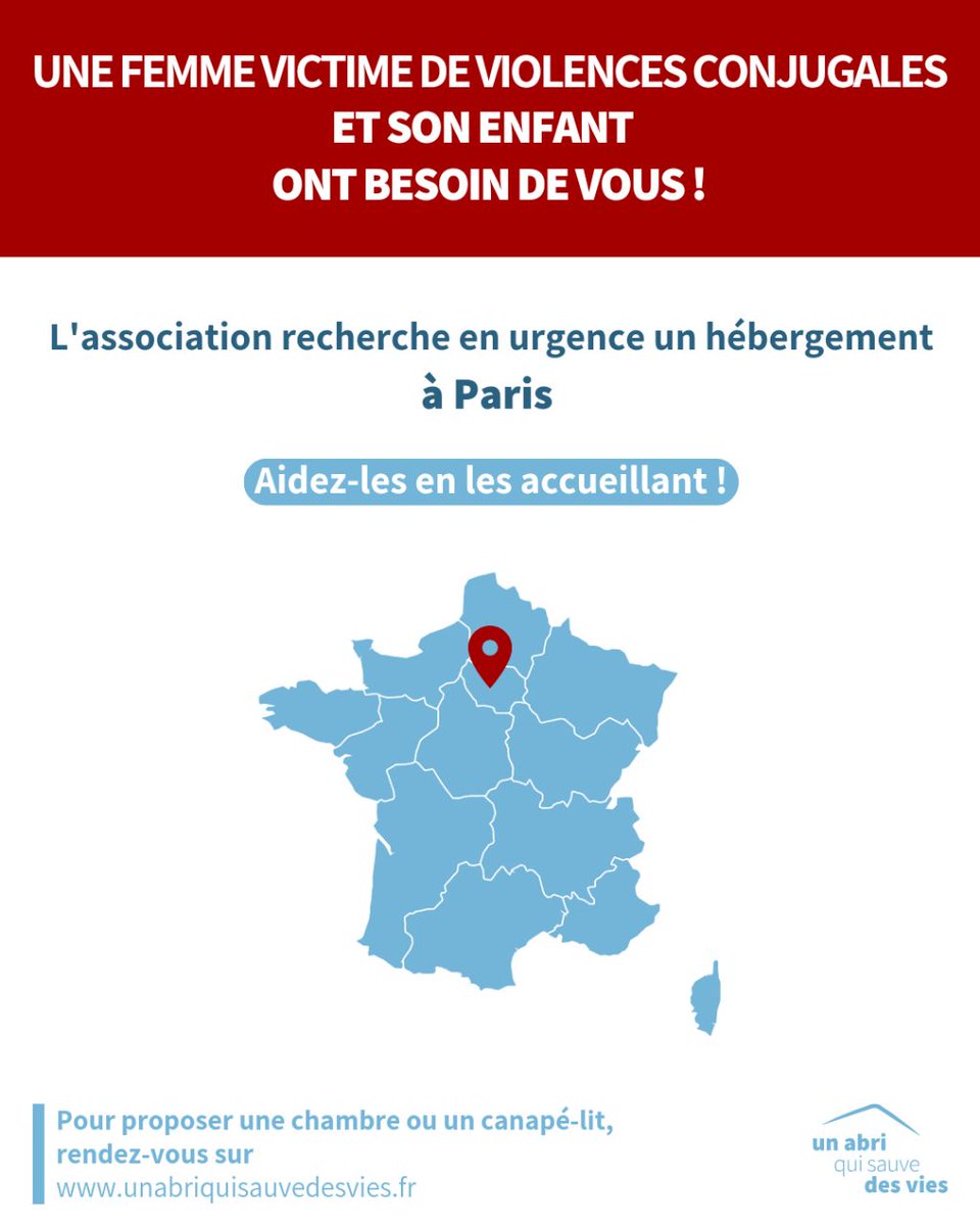 ⚠️ URGENCE #VIOLENCESCONJUGALES ⚠️

Un abri qui sauve des vies recherche un lieu sûr pour héberger en urgence une femme et son enfant à 📍 #Paris (75).

Pour les aider, vous pouvez les accueillir. La durée est déterminée selon vos disponibilités.

Merci de partager 🙏