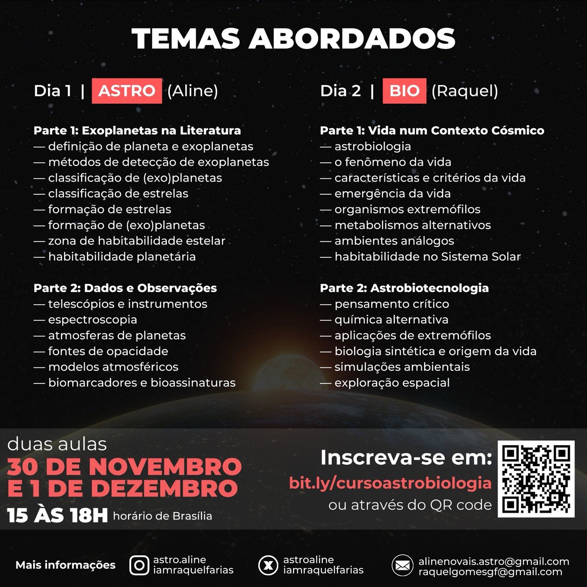 Aline Novais (@astroaline) on Twitter photo Estão abertas as inscrições para a segunda edição do curso livre de ASTROBIOLOGIA ✨
Vem comigo e com a <a href="/iamraquelfarias/">Raquel Farias ∞ 🧬🐙👽 🏳️🌈</a> nos dias 30/11 e 01/12, de 15h às 18h
Valor sugerido: R$ 30 (com possibilidade de isenção de valor aos que não puderem)
Inscrições: bit.ly/cursodeastrobio Estão abertas as inscrições para a segunda edição do curso livre de ASTROBIOLOGIA ✨
Vem comigo e com a <a href="/iamraquelfarias/">Raquel Farias ∞ 🧬🐙👽 🏳️🌈</a> nos dias 30/11 e 01/12, de 15h às 18h
Valor sugerido: R$ 30 (com possibilidade de isenção de valor aos que não puderem)
Inscrições: bit.ly/cursodeastrobio