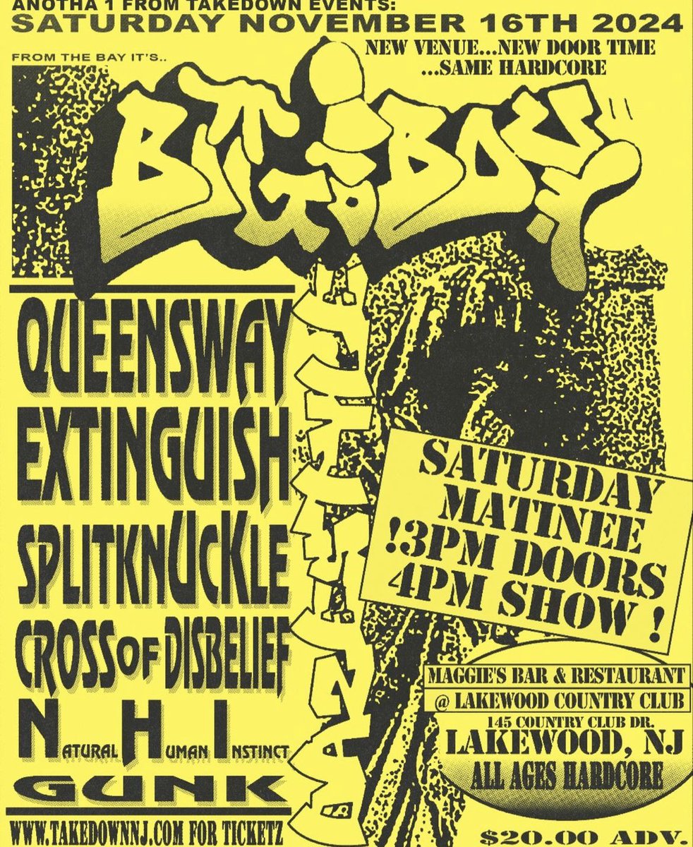 MATINEE TODAY IN NJ - Last show of the weekend w/ BIG BOY - SPLITKNUCKLE - EXTINGUISH &amp; NATURAL HUMAN INSTINCT. 

CROSS OF DISBELIEF &amp; GUNK setting it off 

Doors @ 3pm