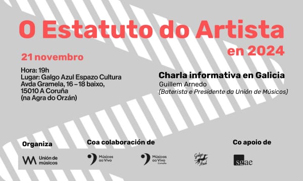 - Guía práctica do Estatuto do Artista en 2024
- Compatibilidade da actividade artística coa xubilación
- Asociacionismo
Charla de #GuillemArnedo, da UdM, na Coruña
<a href="/Musicos_ao_Vivo/">Músicas ao Vivo</a> 
#MúsicasAoVivoCoruña
#GalgoAzulEspazoCultural
#EstatutoDoArtista
x.com/Musicos_ao_Viv…