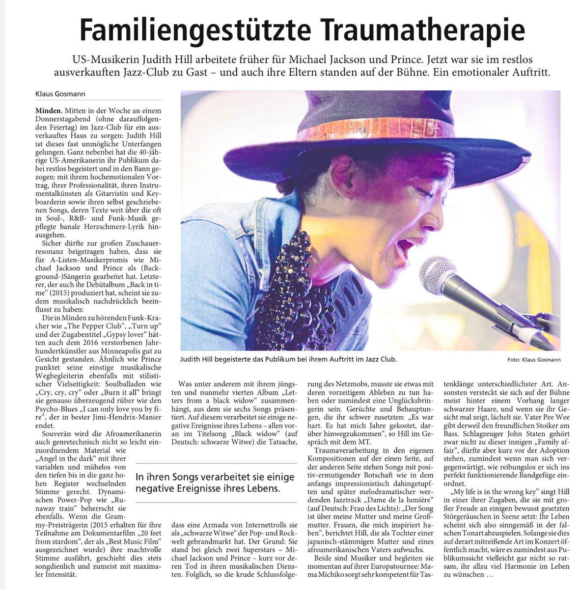 Jazz Club Minden e.V. (@jazzclubminden) on Twitter photo Klaus Gosmann hat für das <a href="/MT_Online/">movietrailers.online</a> am Donnerstag das Konzert von #JudithHill besucht. Heute ist in der Printversion sein Artikel erschienen: Klaus Gosmann hat für das <a href="/MT_Online/">movietrailers.online</a> am Donnerstag das Konzert von #JudithHill besucht. Heute ist in der Printversion sein Artikel erschienen: