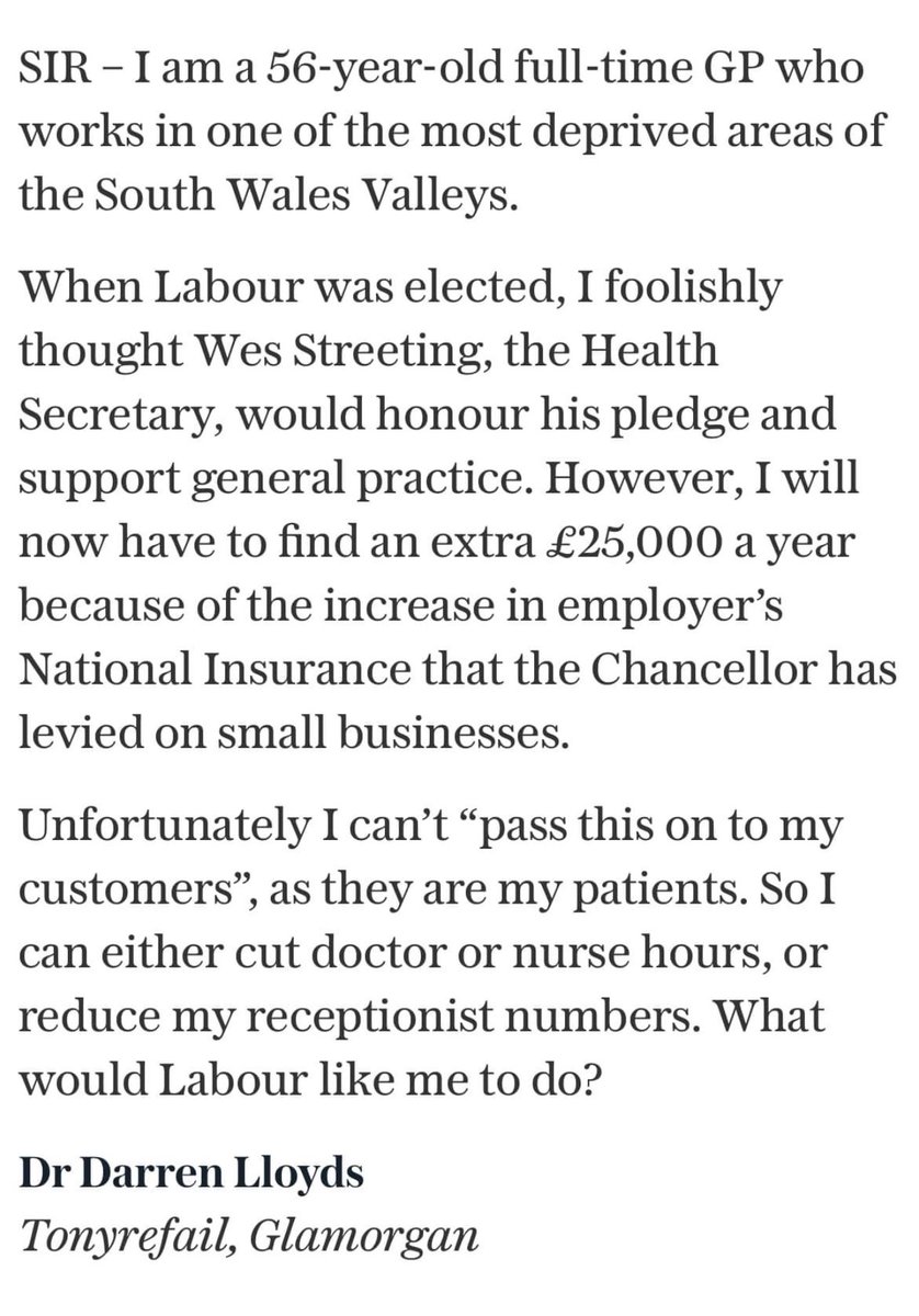 Excellent letter in Telegraph today. We are in the NHS family and don’t have customers we can charge more to offset this cost. This will lead to less doctor, receptionist and nurse time. #GPNIBombshell