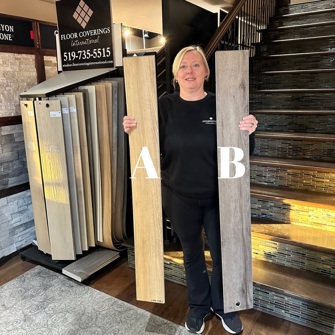 FCIwindsor's tweet photo. Here are two of Luxury Plank Vinyl #Flooring our #FCIwindsor Design Pam is holding, which one would you choose for your home A or B?

📍Visit our showroom located on Manning &amp; County Road 42 or ☎️ 519-735-5515 to schedule an in-home consultation in #windsoressex #YQG https://t.co/sVXL7hRupY